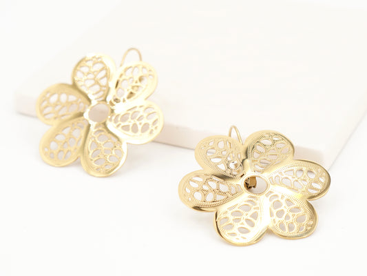 Brincos Flores Grandes, Inspirados na Filigrana Portuguesa, Aço Inoxidável Dourado