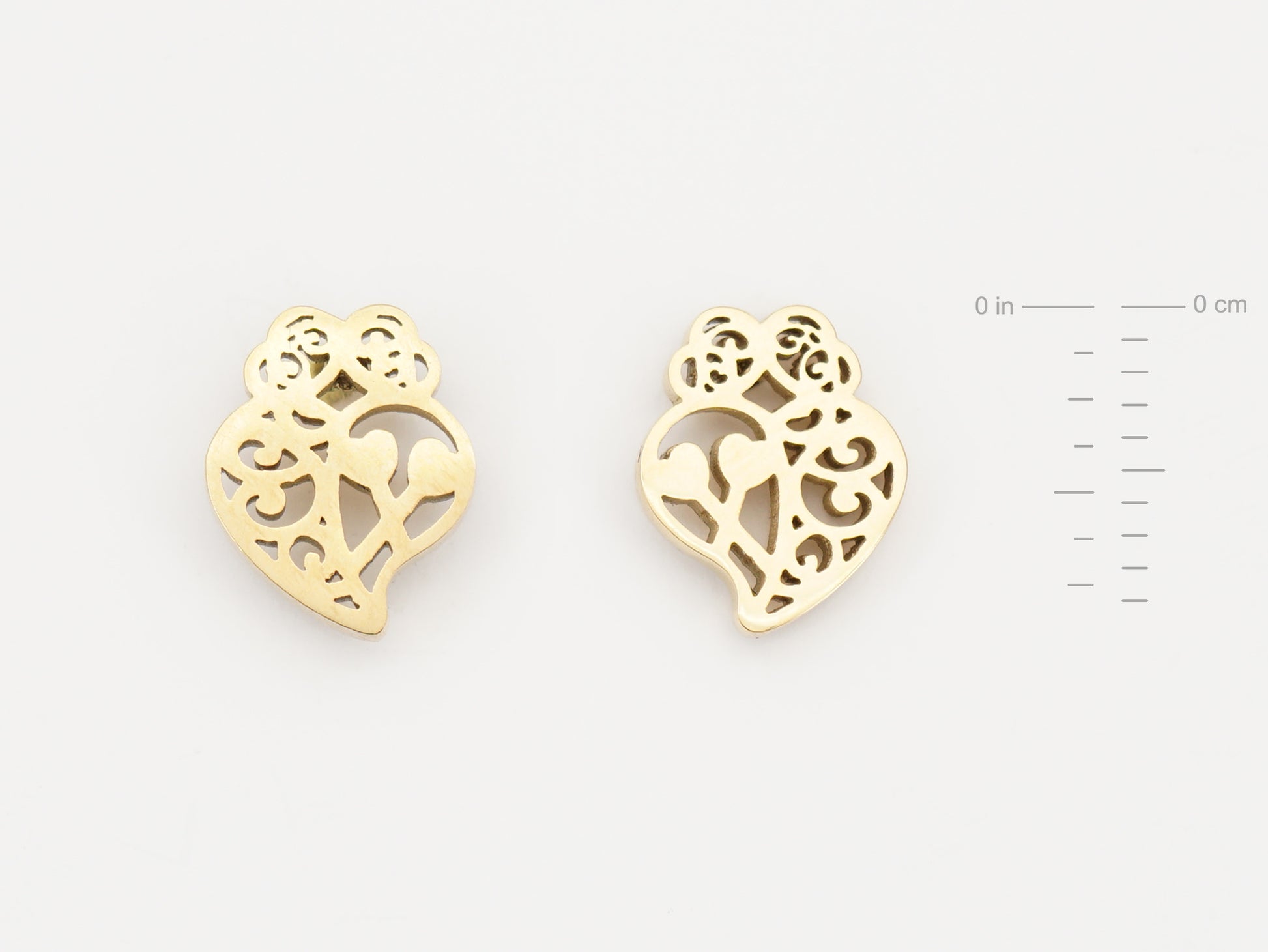 Brincos Coração de Viana Mini, Inspirados na Filigrana Portuguesa, Aço Inoxidável Dourado - Medidas