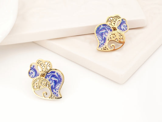 Brincos Coração Pequenos e Azulejo Português, Inspirados na Filigrana Portuguesa, Aço Inoxidável Dourado