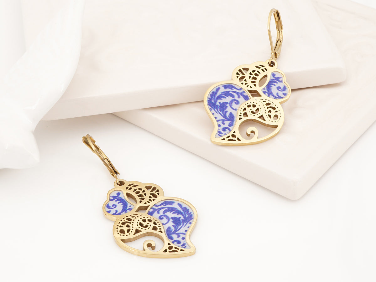 Brincos Coração e Azulejo Português, Inspirados na Filigrana Portuguesa, Aço Inoxidável Dourado