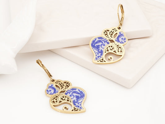 Brincos Coração e Azulejo Português, Inspirados na Filigrana Portuguesa, Aço Inoxidável Dourado