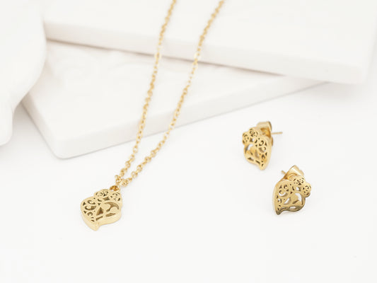 Conjunto Coração de Viana Mini, Brincos e Colar, Inspirados na Filigrana Portuguesa, Aço Inoxidável Dourado