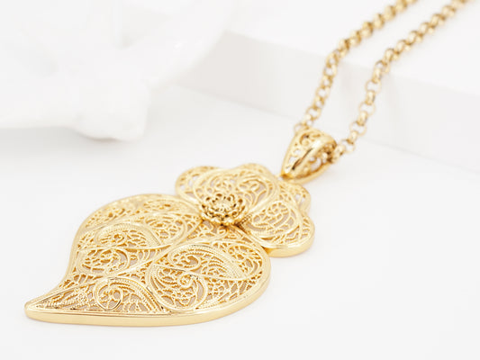 Colar com Coração de Viana Grande, Inspirado na Filigrana Portuguesa, Aço Inoxidável Dourado