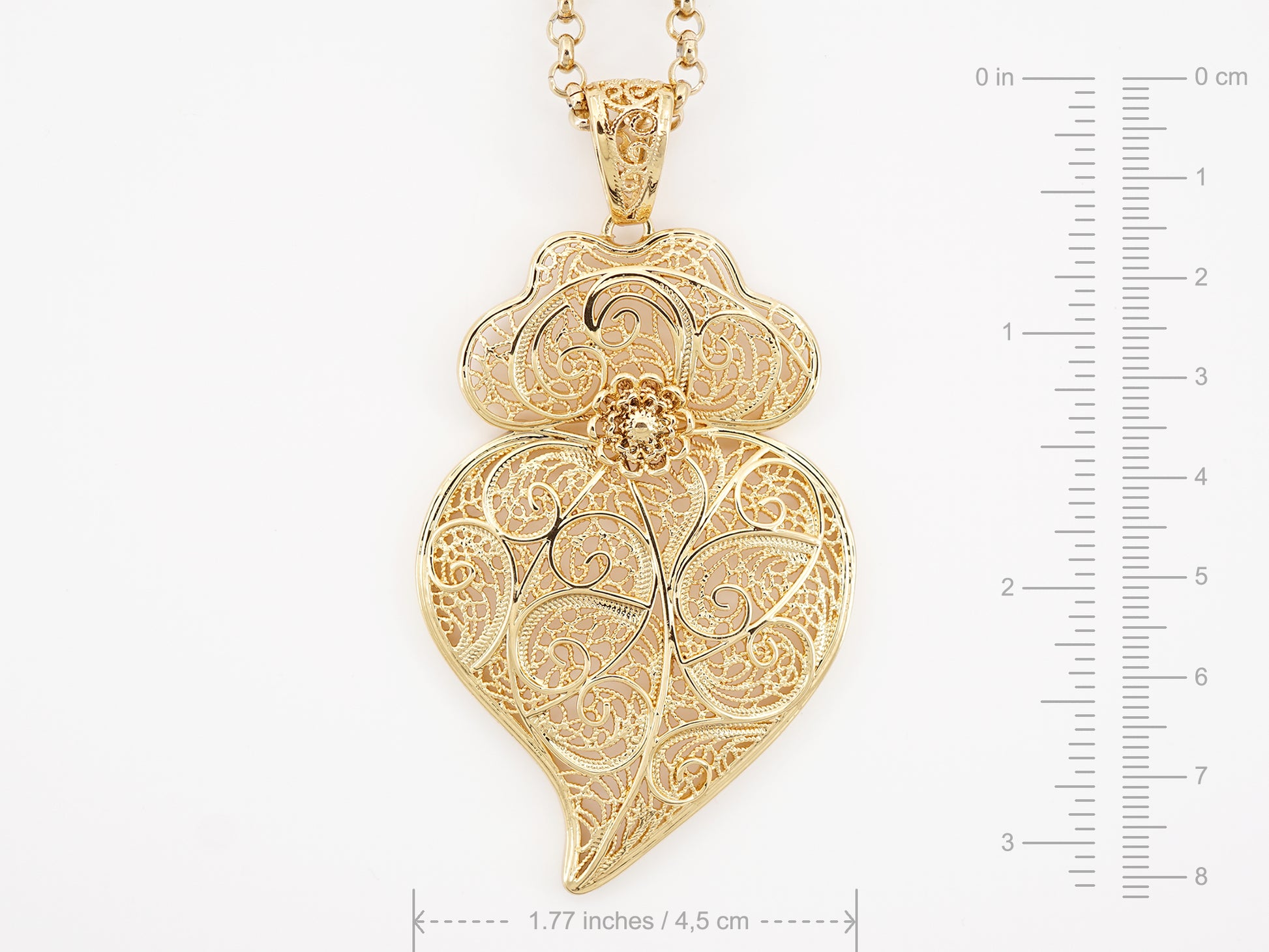 Colar com Coração de Viana Grande, Inspirado na Filigrana Portuguesa, Aço Inoxidável Dourado - Medidas Medalha
