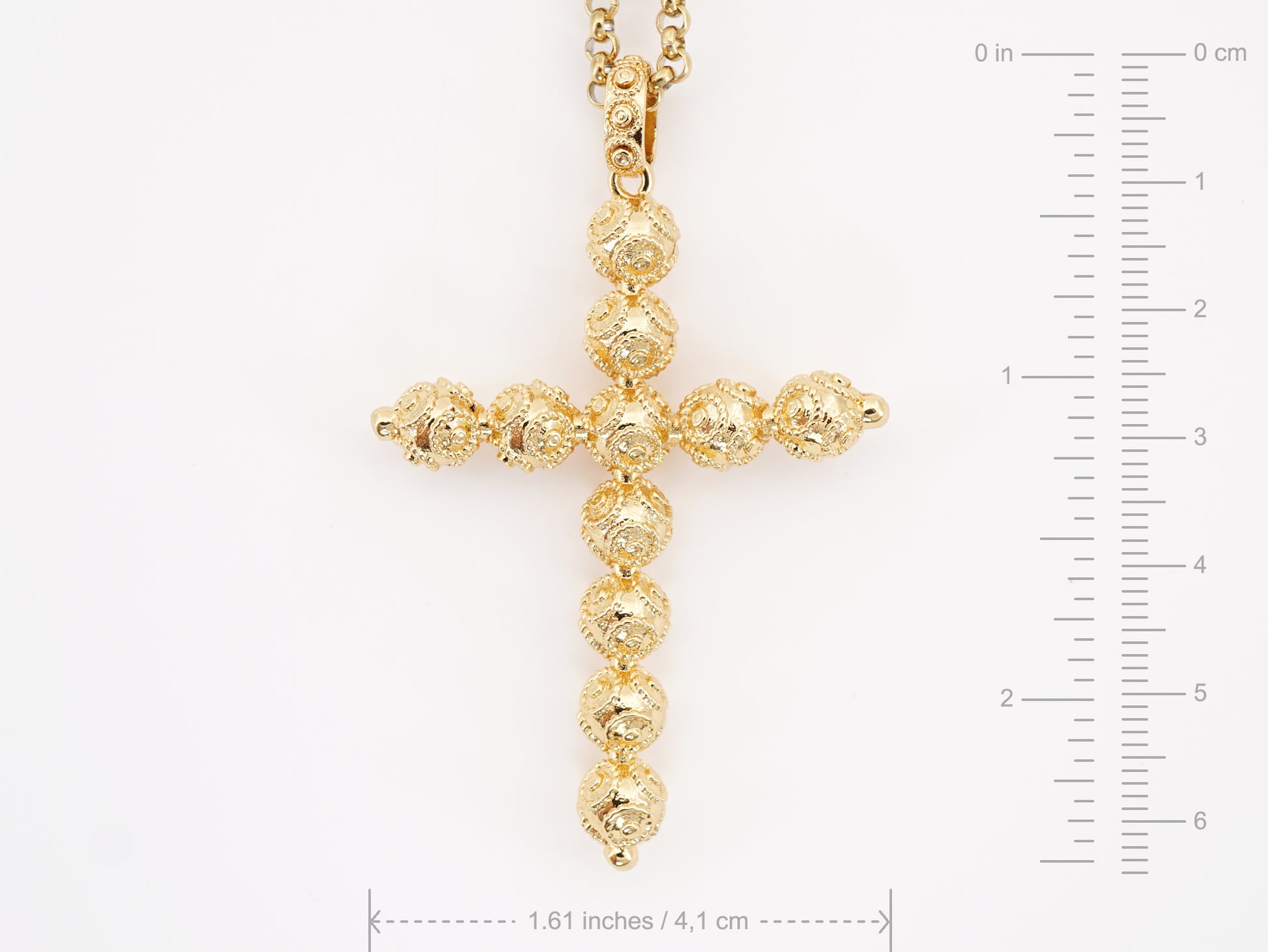Colar Cruz Contas de Viana, Inspirado na Filigrana Portuguesa, Aço Inoxidável Dourado - Medidas
