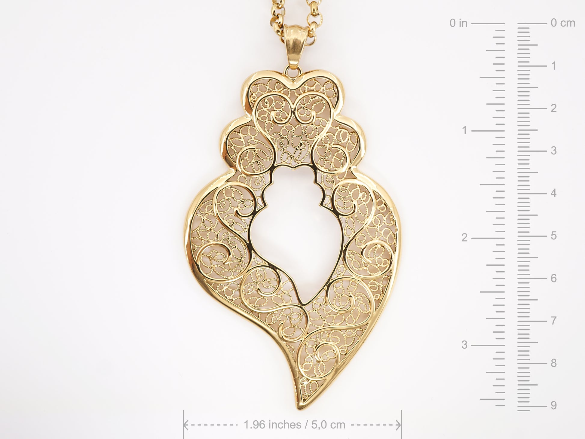 Colar com Coração de Viana Grande, Inspirado na Filigrana Portuguesa, Aço Inoxidável Dourado - Medidas