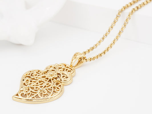 Colar com Coração de Viana Médio, Inspirado na Filigrana Portuguesa, Aço Inoxidável Dourado