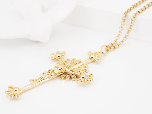 Colar Cruz Grande, Inspirado na Filigrana Portuguesa, Aço Inoxidável Dourado