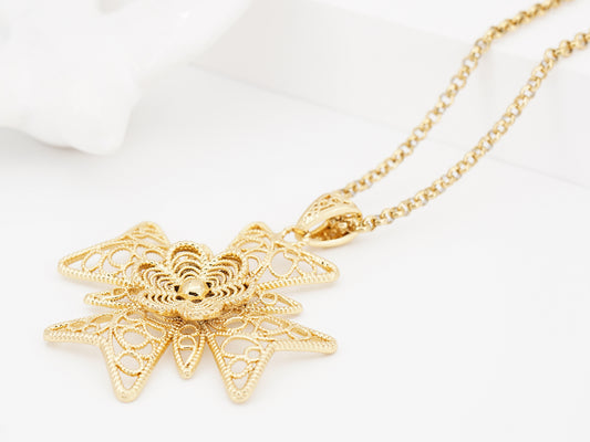 Colar Cruz Média, Inspirado na Filigrana Portuguesa, Aço Inoxidável Dourado