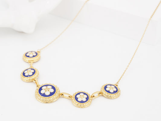 Colar Cinco Caramujos Azuis, Inspirado na Filigrana Portuguesa, Aço Inoxidável Dourado