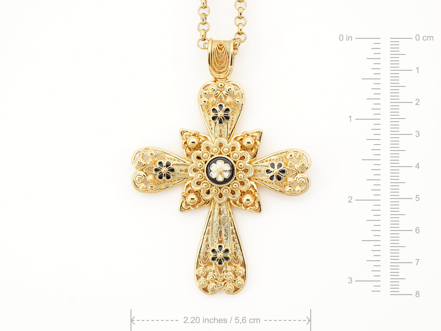 Colar Cruz Grande com Caramujo, Inspirado na Filigrana Portuguesa, Aço Inoxidável Dourado - Medidas
