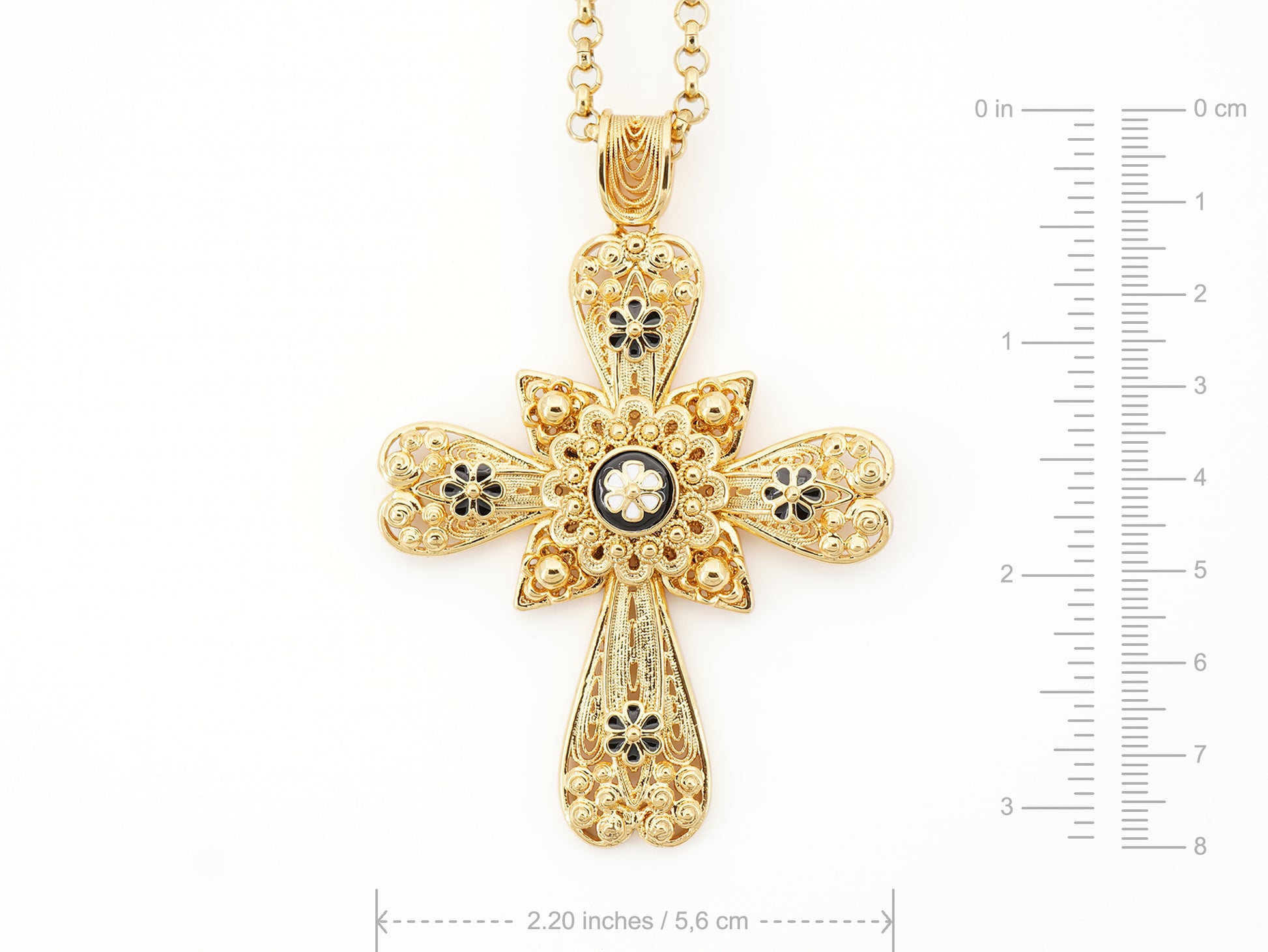 Colar Cruz Grande com Caramujo, Inspirado na Filigrana Portuguesa, Aço Inoxidável Dourado - Medidas