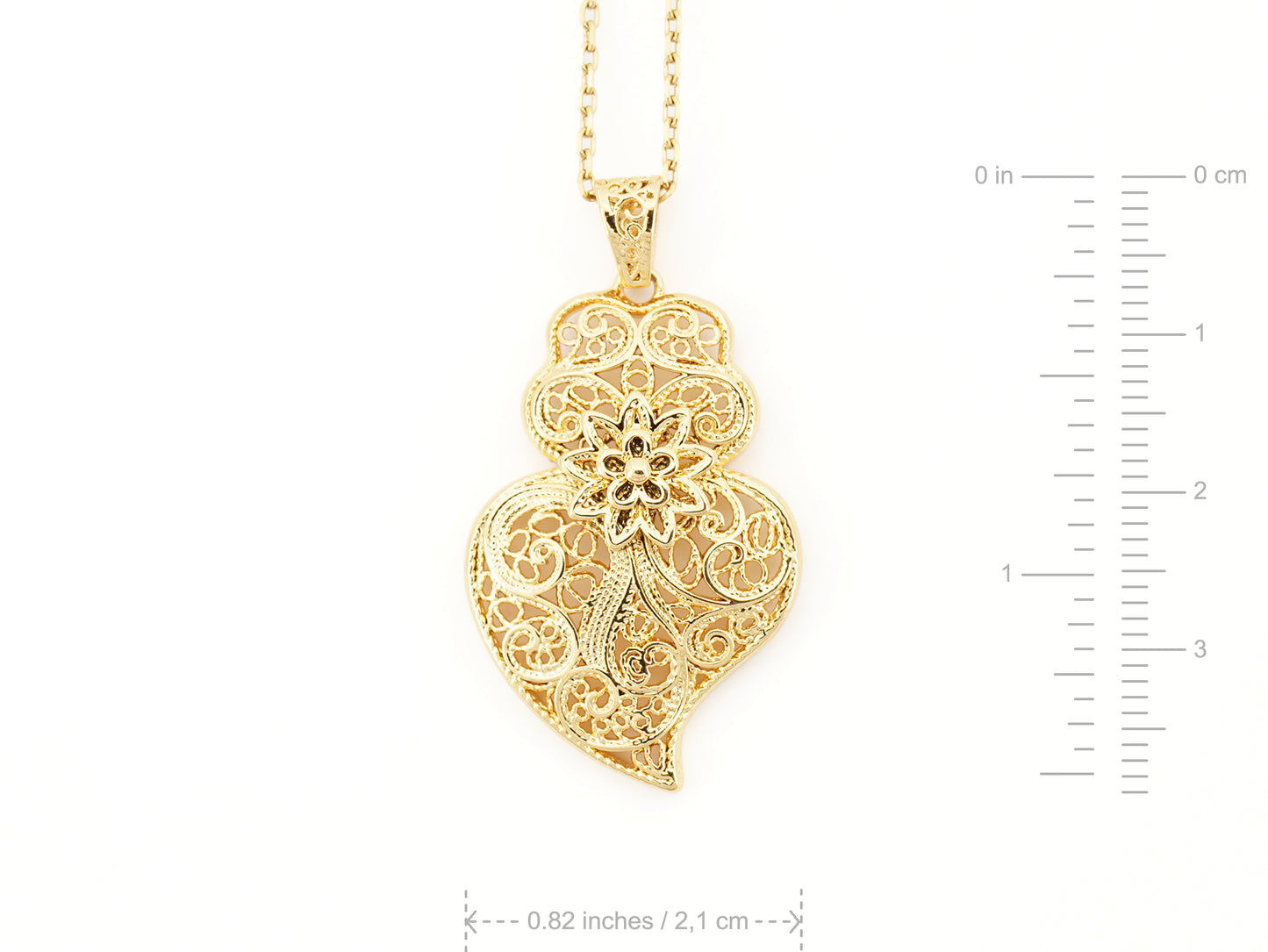 Colar com Coração de Viana Tradicional Pequeno, Inspirado na Filigrana Portuguesa, Aço Inoxidável Dourado - Medidas