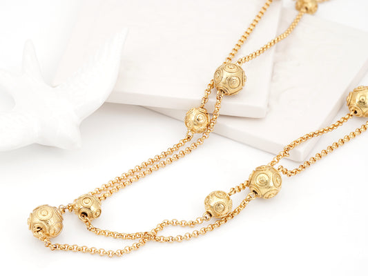 Colar Comprido Contas de Viana Grandes, Inspirado na Filigrana Portuguesa, Aço Inoxidável Dourado