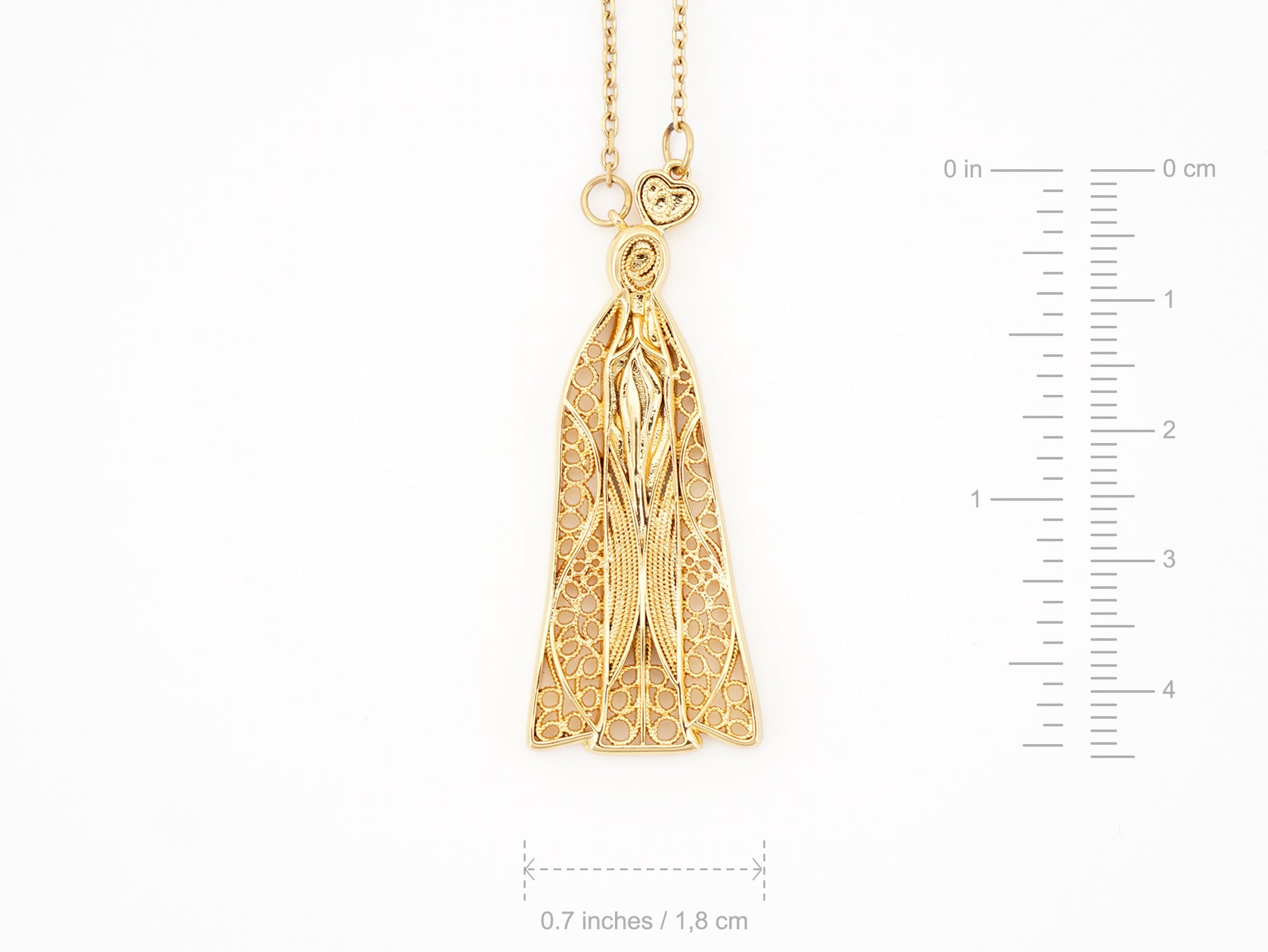 Colar Nossa Senhora de Fátima, Inspirado na Filigrana Portuguesa, Aço Inoxidável Dourado - Medidas