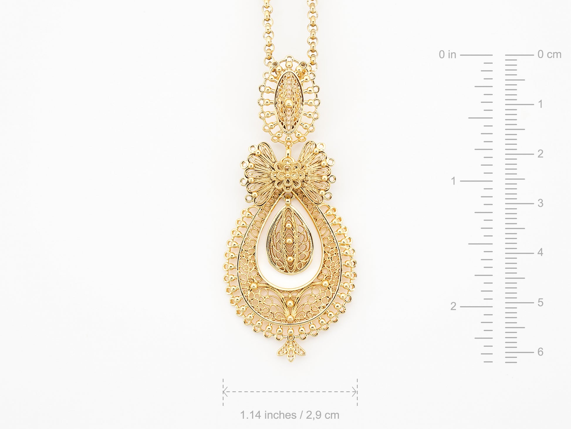 Colar Princesa, Inspirado na Filigrana Portuguesa, Aço Inoxidável Dourado - Medidas
