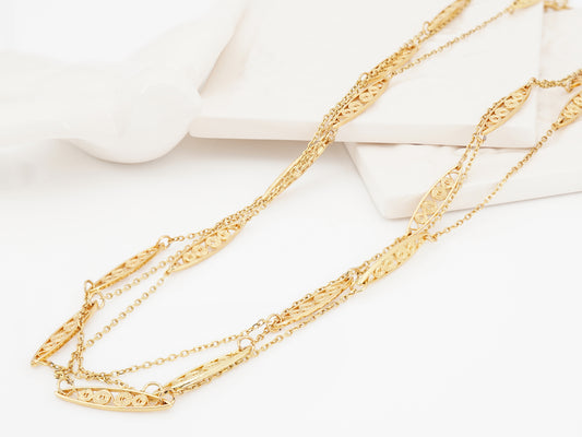 Colar Trancelim Comprido, Inspirado na Filigrana Portuguesa, Aço Inoxidável Dourado
