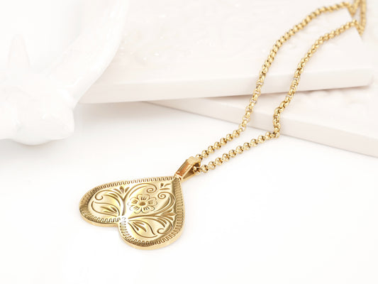 Colar Coração de Viana Invertido, Inspirado na Filigrana Portuguesa, Aço Inoxidável Dourado