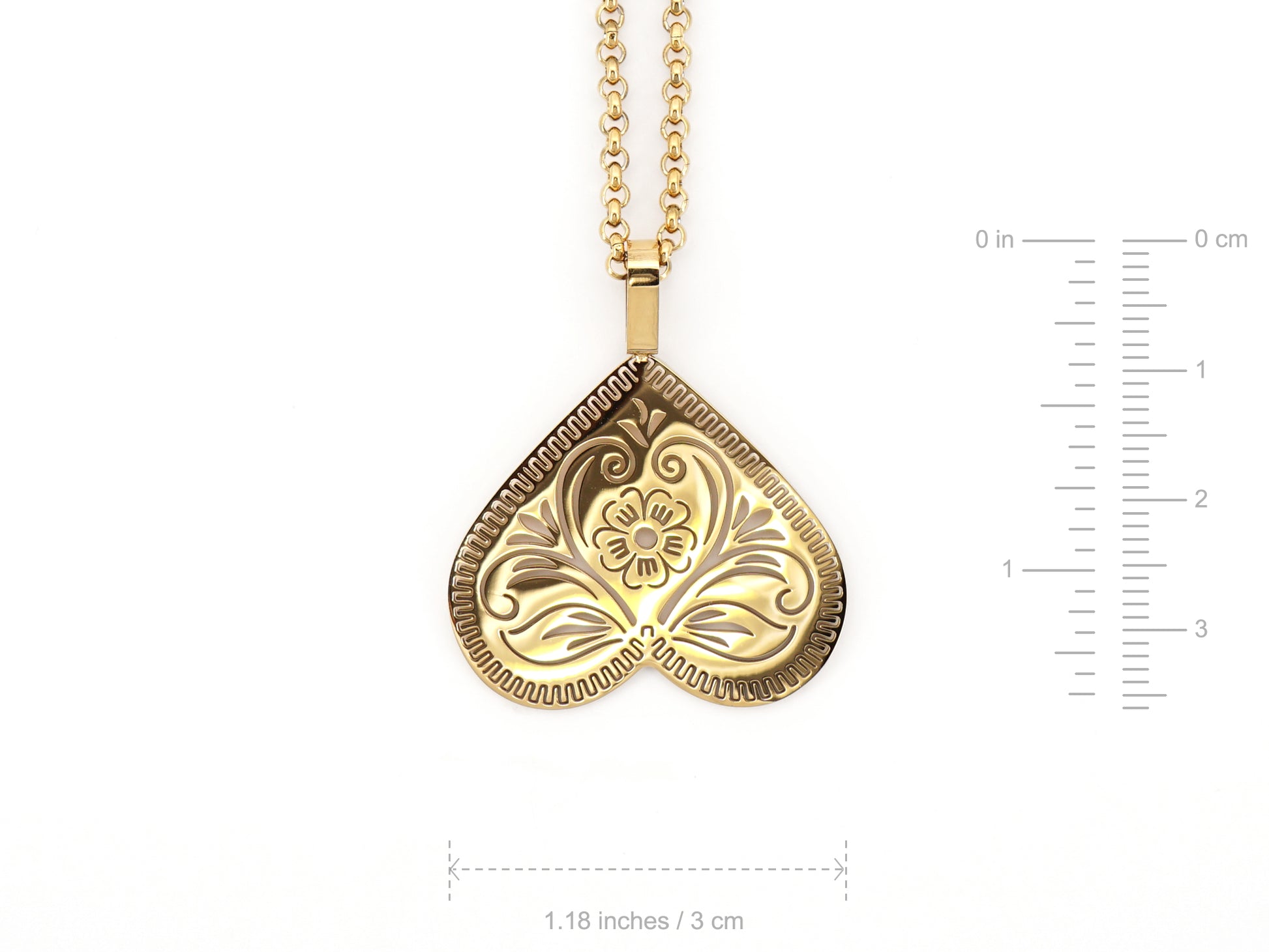 Colar Coração de Viana Invertido, Inspirado na Filigrana Portuguesa, Aço Inoxidável Dourado - Medidas