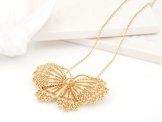 Colar Borboleta, Inspirado na Filigrana Portuguesa, Aço Inoxidável Dourado