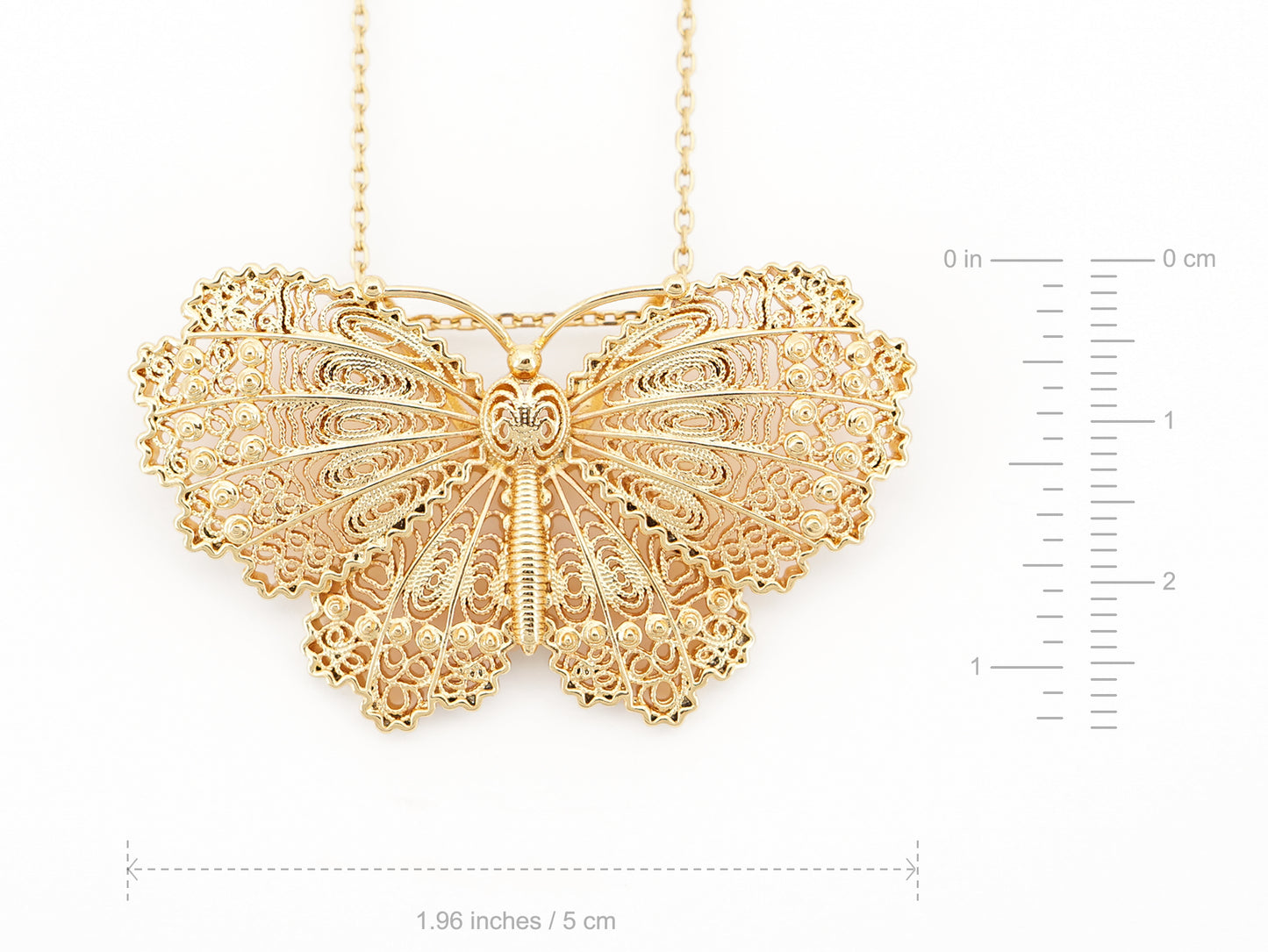 Colar Borboleta, Inspirado na Filigrana Portuguesa, Aço Inoxidável Dourado - Medidas