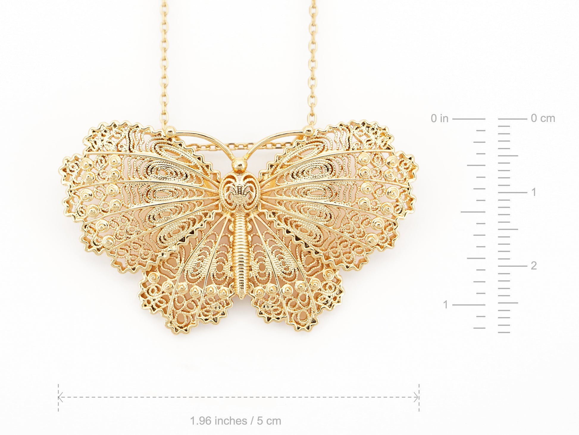 Colar Borboleta, Inspirado na Filigrana Portuguesa, Aço Inoxidável Dourado - Medidas