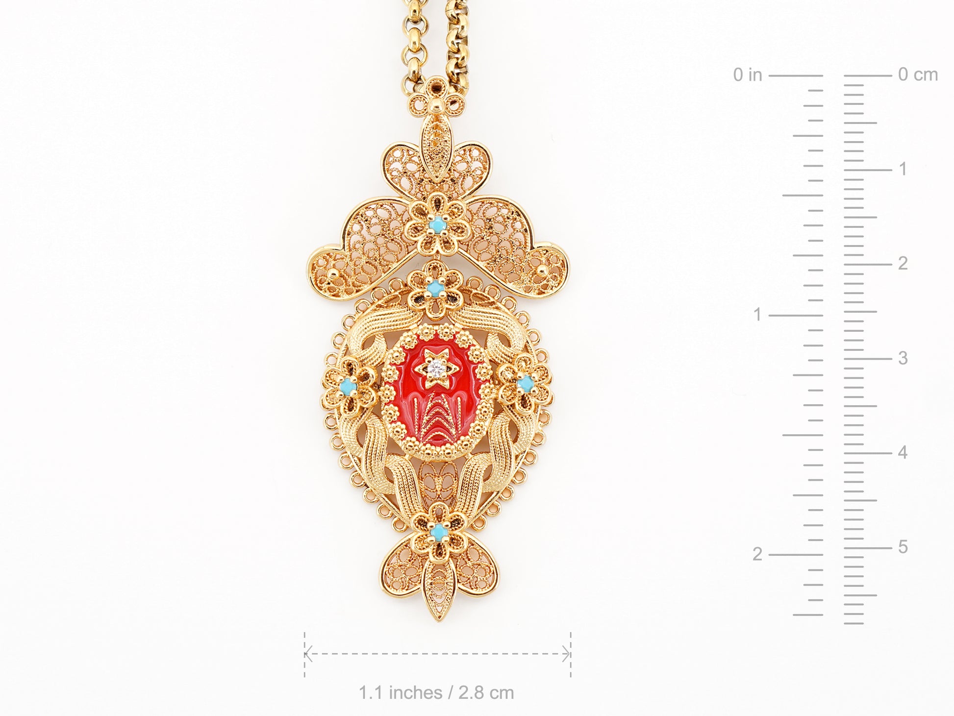 Colar Relicário Médio, Inspirado na Filigrana Portuguesa, Aço Inoxidável Dourado - Medidas
