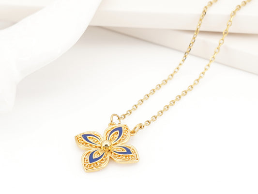 Colar Flor com Pormenores Azuis, Inspirado na Filigrana Portuguesa, Aço Inoxidável Dourado