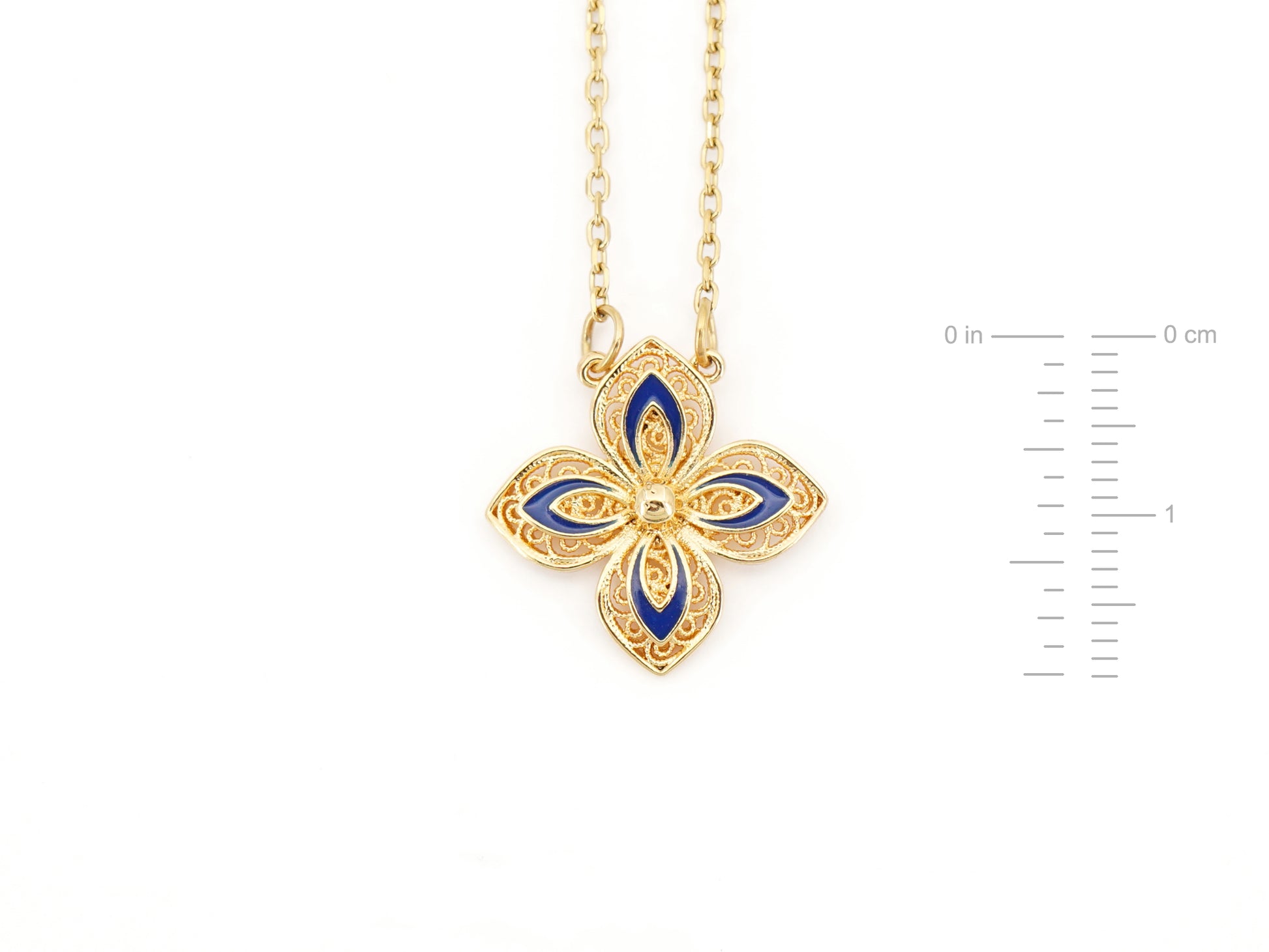 Colar Flor com Pormenores Azuis, Inspirado na Filigrana Portuguesa, Aço Inoxidável Dourado - Medidas