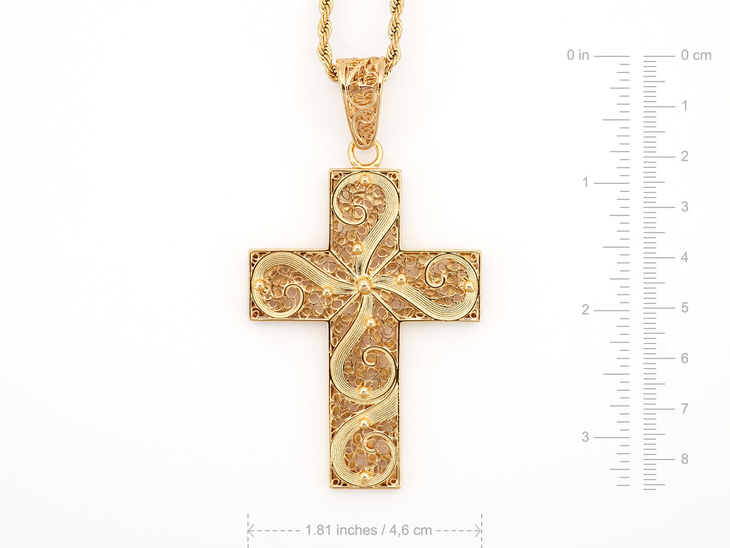 Colar Cruz Imponente, Inspirado na Filigrana Portuguesa, Aço Inoxidável Dourado - Medidas