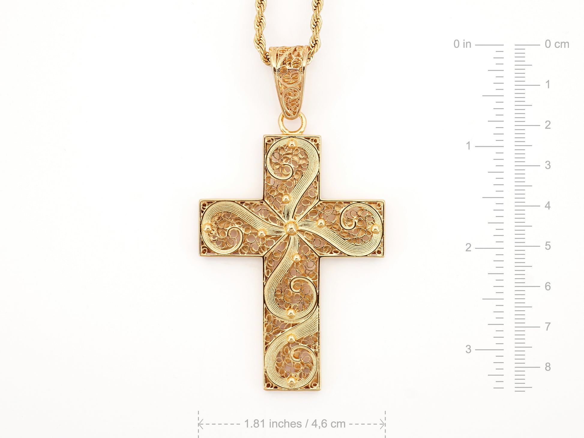 Colar Cruz Imponente, Inspirado na Filigrana Portuguesa, Aço Inoxidável Dourado - Medidas