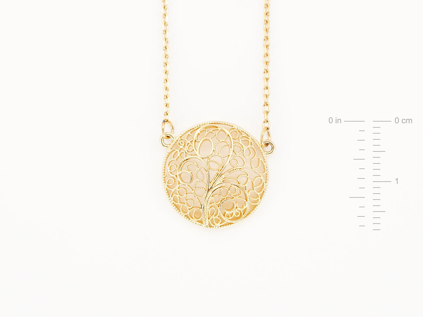Colar com Círculo, Inspirado na Filigrana Portuguesa, Aço Inoxidável Dourado - Medidas