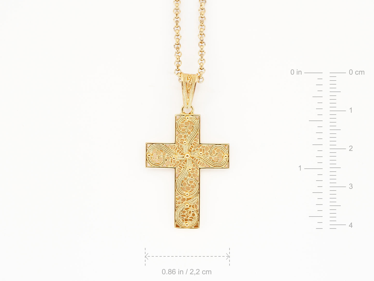 Colar Cruz, Inspirado na Filigrana Portuguesa, Aço Inoxidável Dourado - Medidas