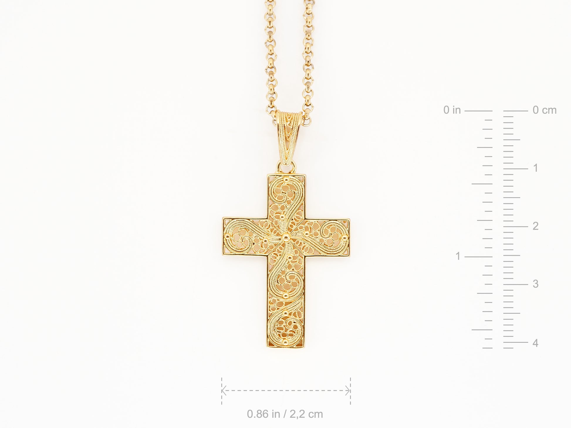 Colar Cruz, Inspirado na Filigrana Portuguesa, Aço Inoxidável Dourado - Medidas