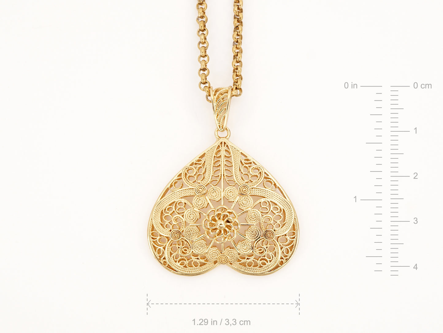 Colar Coração de Viana Invertido, Inspirado na Filigrana Portuguesa, Aço Inoxidável Dourado - Medidas
