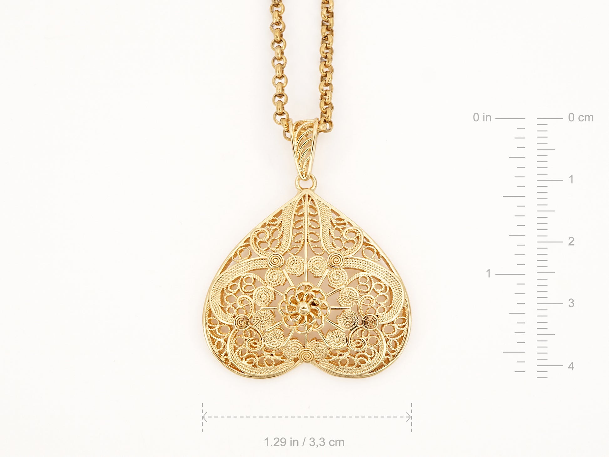 Colar Coração de Viana Invertido, Inspirado na Filigrana Portuguesa, Aço Inoxidável Dourado - Medidas