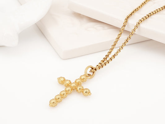 Colar Cruz Pequena Contas de Viana, Inspirado na Filigrana Portuguesa, Aço Inoxidável Dourado
