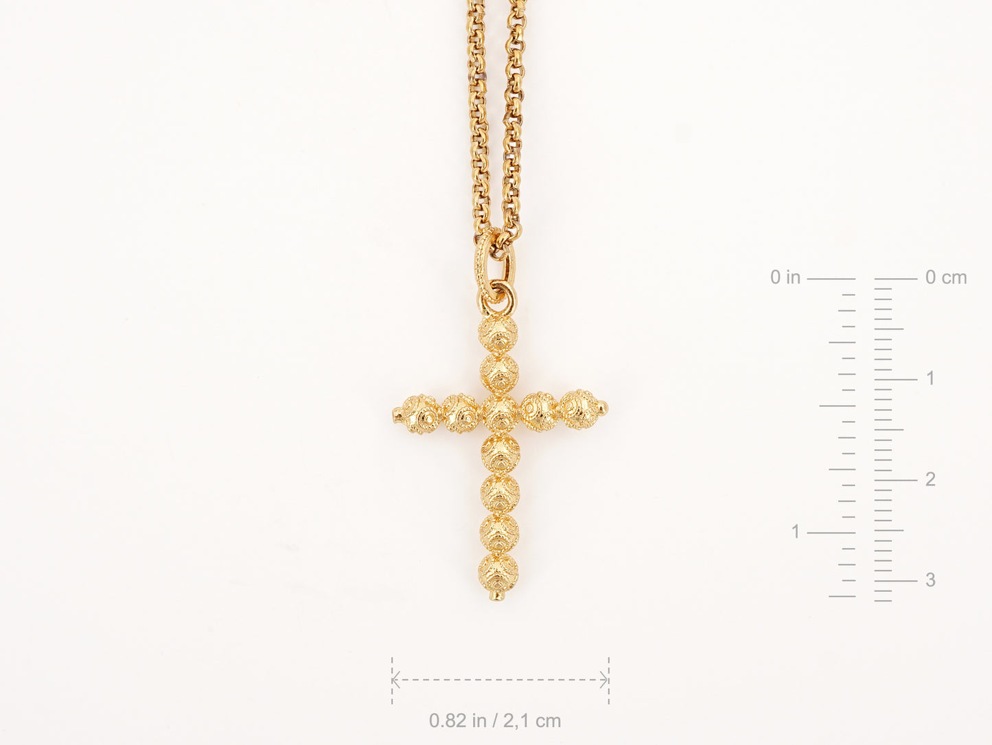 Colar Cruz Pequena Contas de Viana, Inspirado na Filigrana Portuguesa, Aço Inoxidável Dourado - Medidas