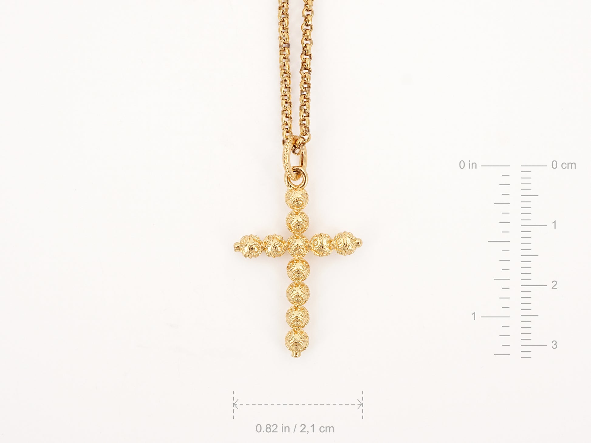Colar Cruz Pequena Contas de Viana, Inspirado na Filigrana Portuguesa, Aço Inoxidável Dourado - Medidas