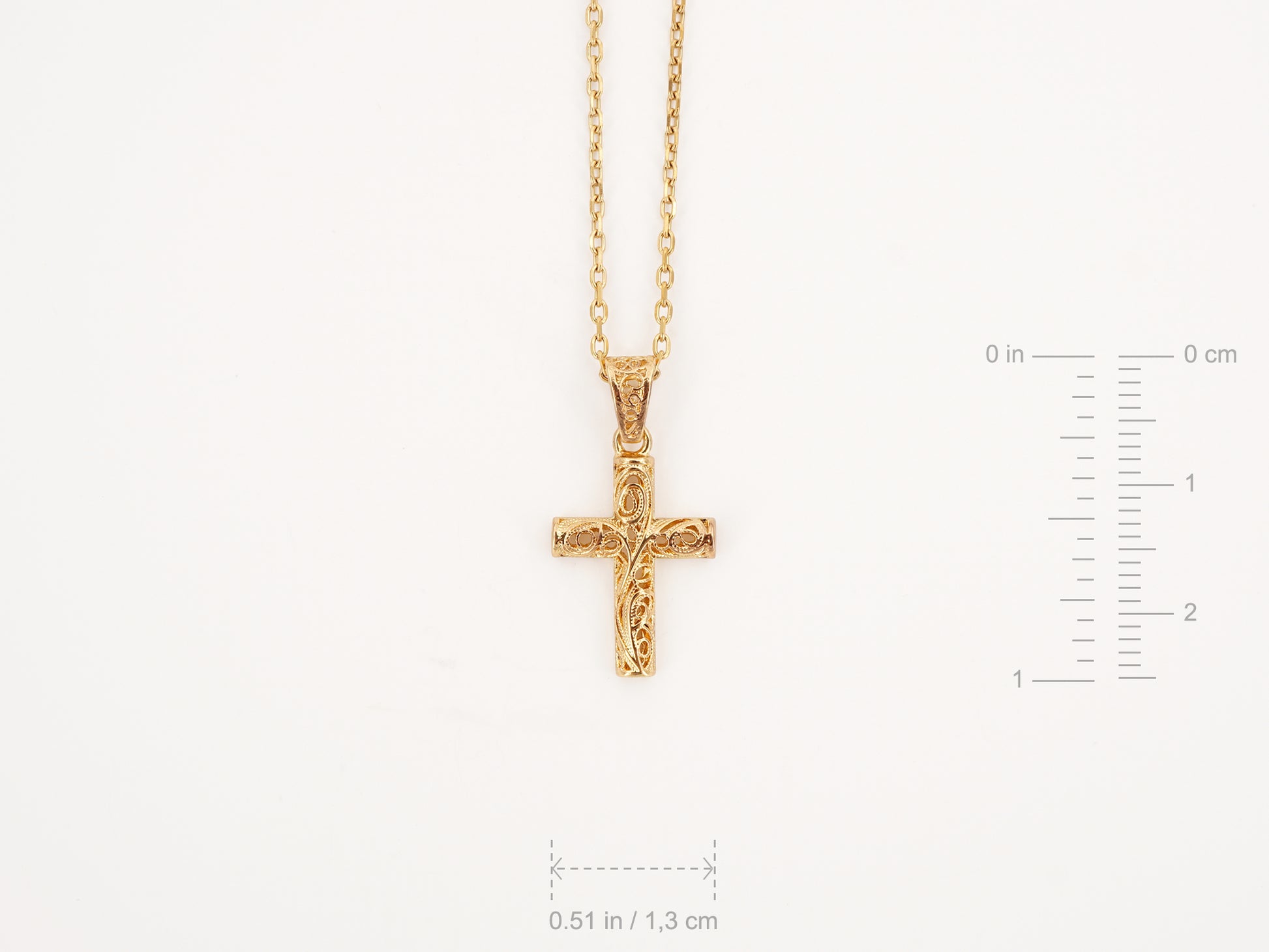 Colar Cruz Mini, Inspirado na Filigrana Portuguesa, Aço Inoxidável Dourado - Medidas