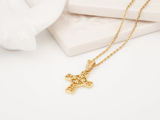 Colar Cruz Mini, Inspirado na Filigrana Portuguesa, Aço Inoxidável Dourado