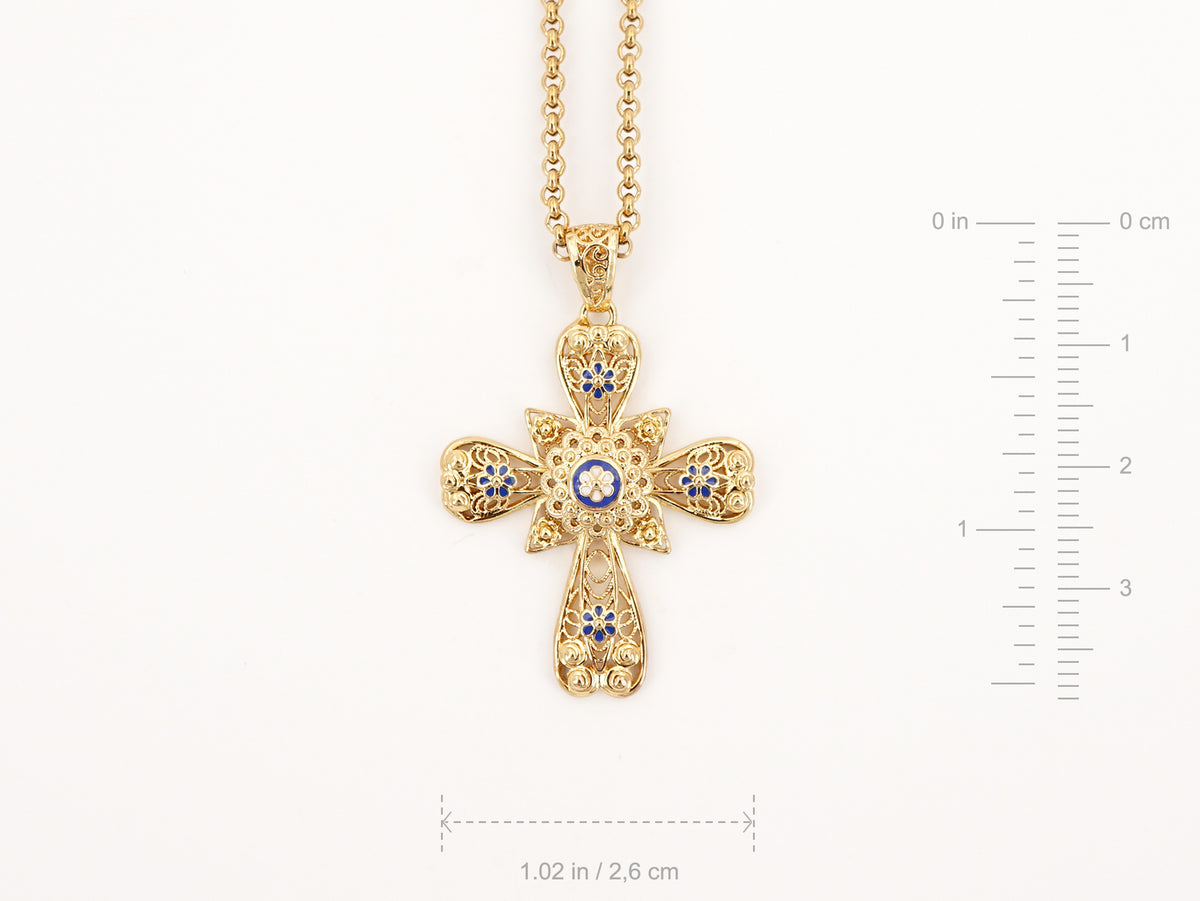 Colar Cruz Pequena com Caramujo, Inspirado na Filigrana Portuguesa, Aço Inoxidável Dourado - Medidas