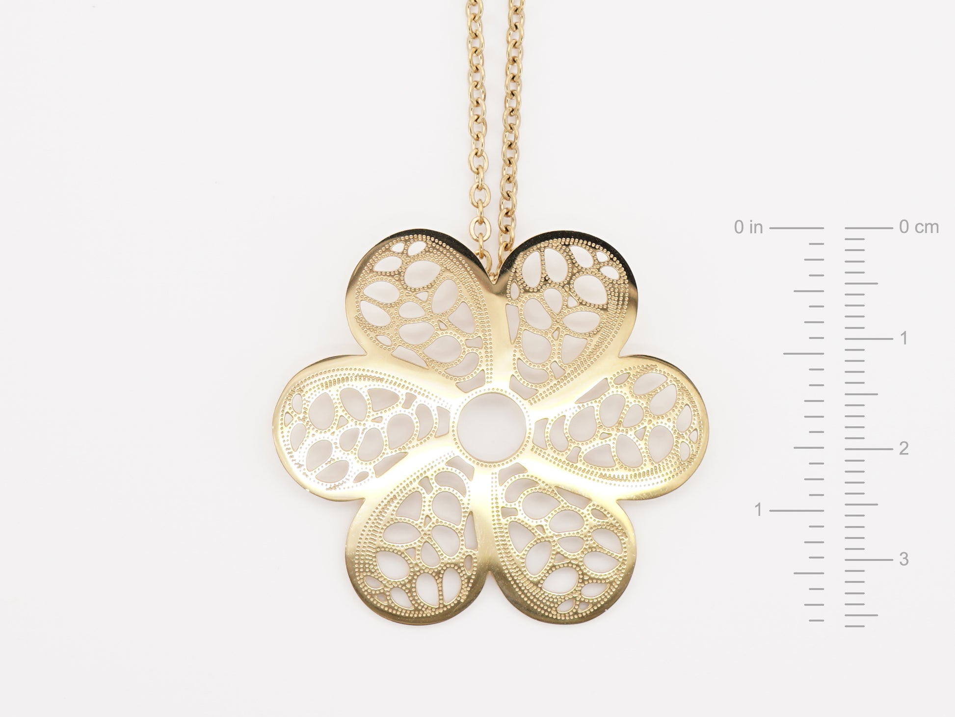 Colar com Flor, Inspirado na Filigrana Portuguesa, Aço Inoxidável Dourado - Medidas
