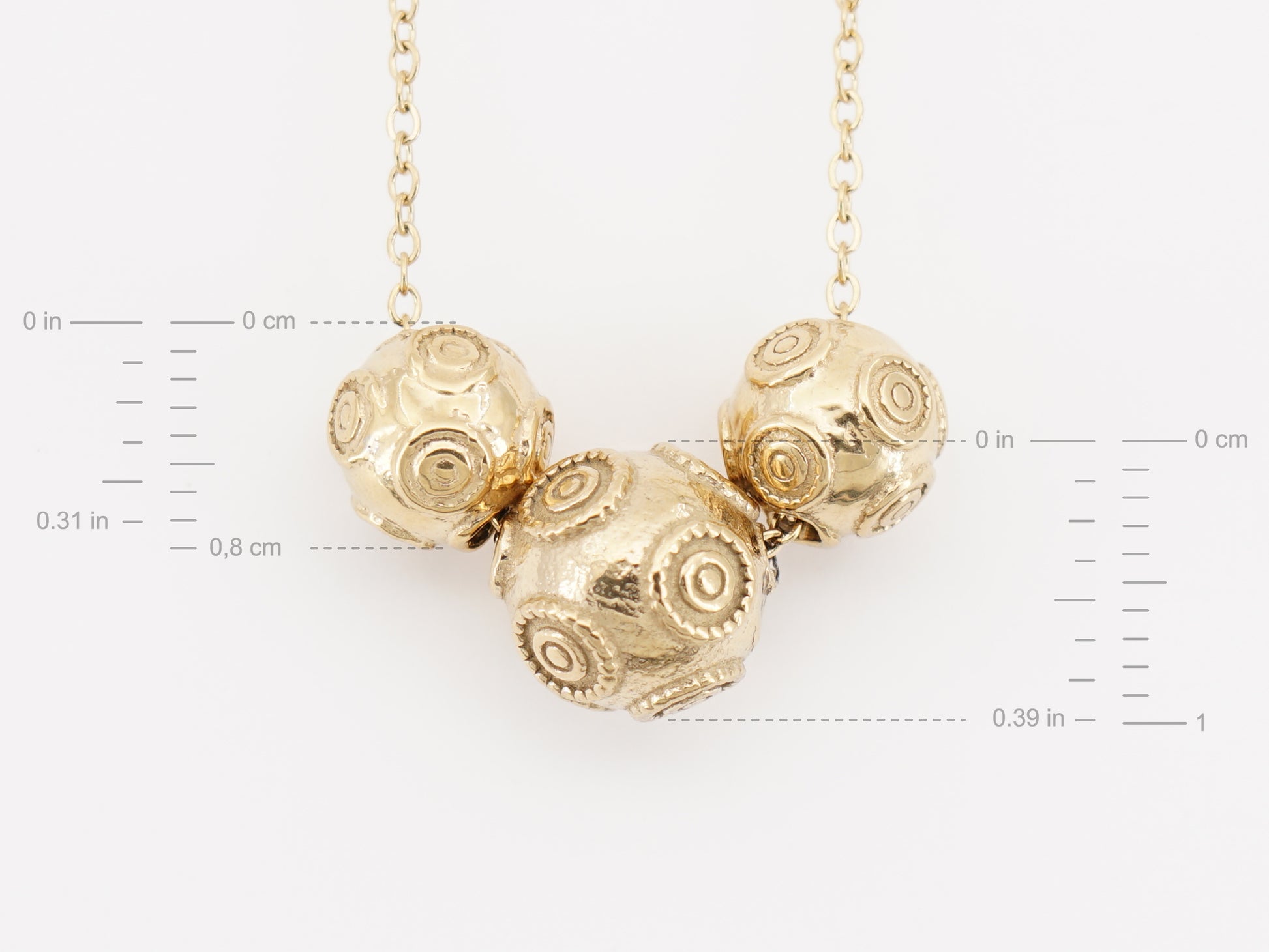 Colar com Três Contas de Viana, Inspirado na Filigrana Portuguesa, Aço Inoxidável Dourado - Medidas