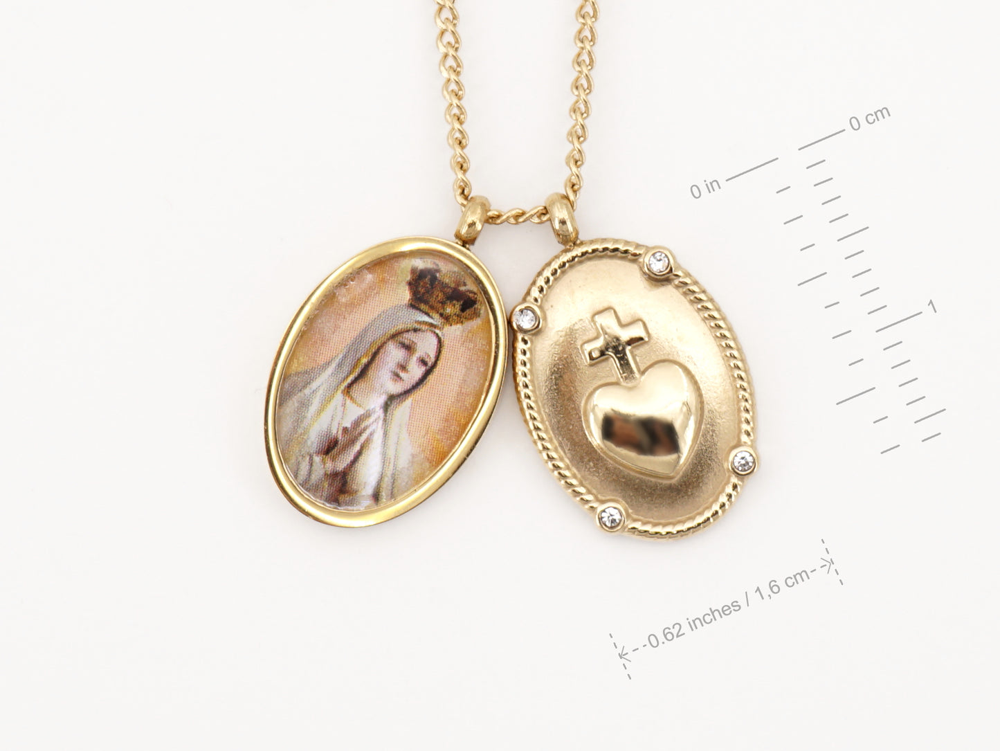 Fio com Medalhas Nossa Senhora de Fátima e Coração Imaculado, Inspirado na Filigrana Portuguesa, Aço Inoxidável Dourado - Medidas