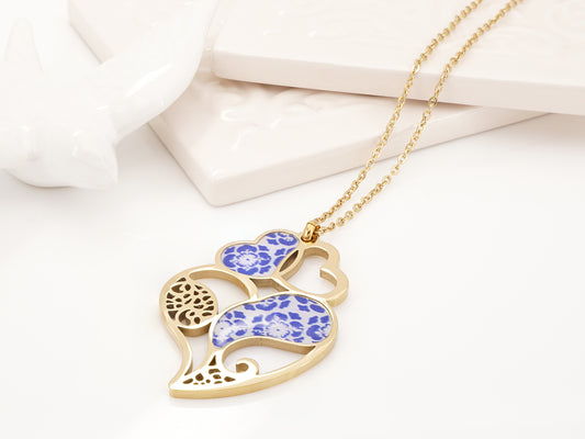 Colar Coração e Azulejo Português, Inspirado na Filigrana Portuguesa, Aço Inoxidável Dourado