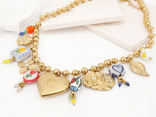 Colar com Berloques Coloridos, Inspirado na Filigrana Portuguesa, Aço Inoxidável Dourado