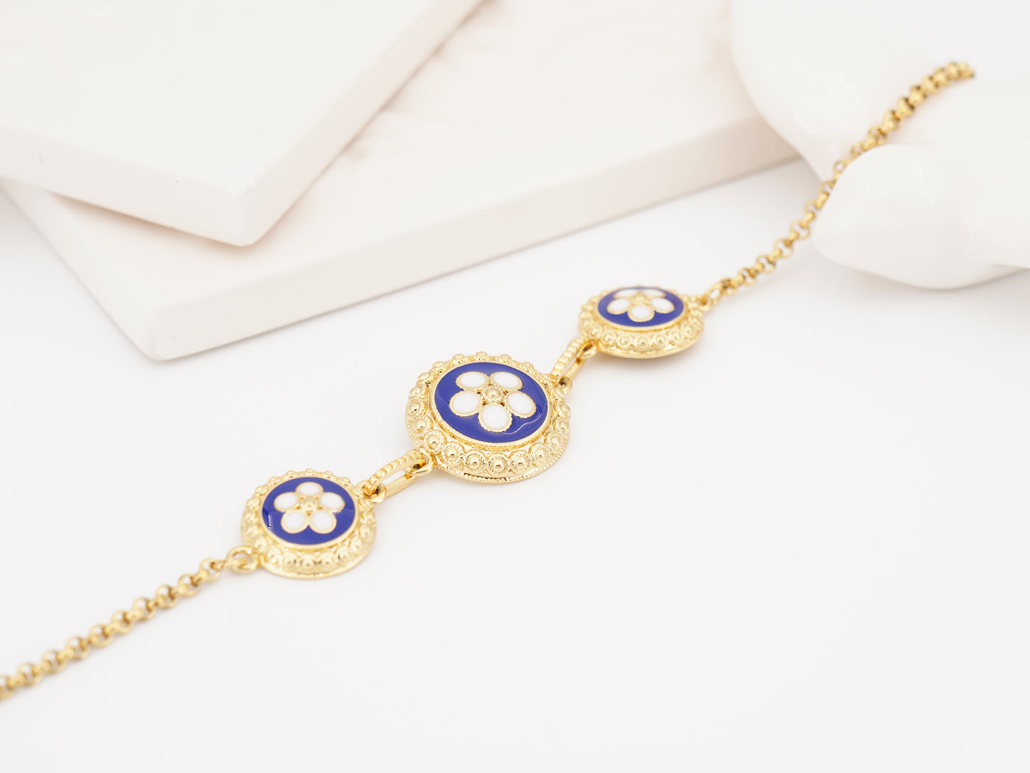 Pulseira Três Caramujos Azuis, Inspirado na Filigrana Portuguesa, Aço Inoxidável Dourado