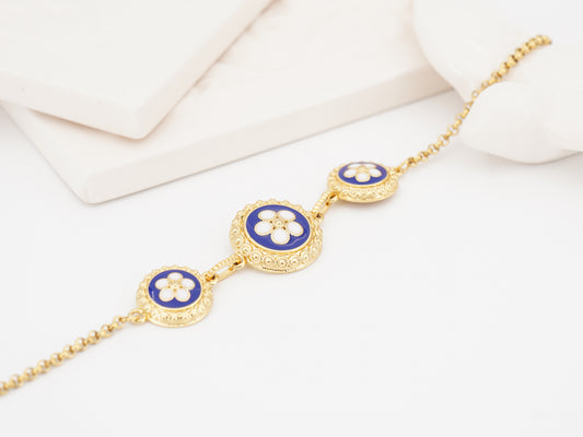 Pulseira Três Caramujos Azuis, Inspirado na Filigrana Portuguesa, Aço Inoxidável Dourado