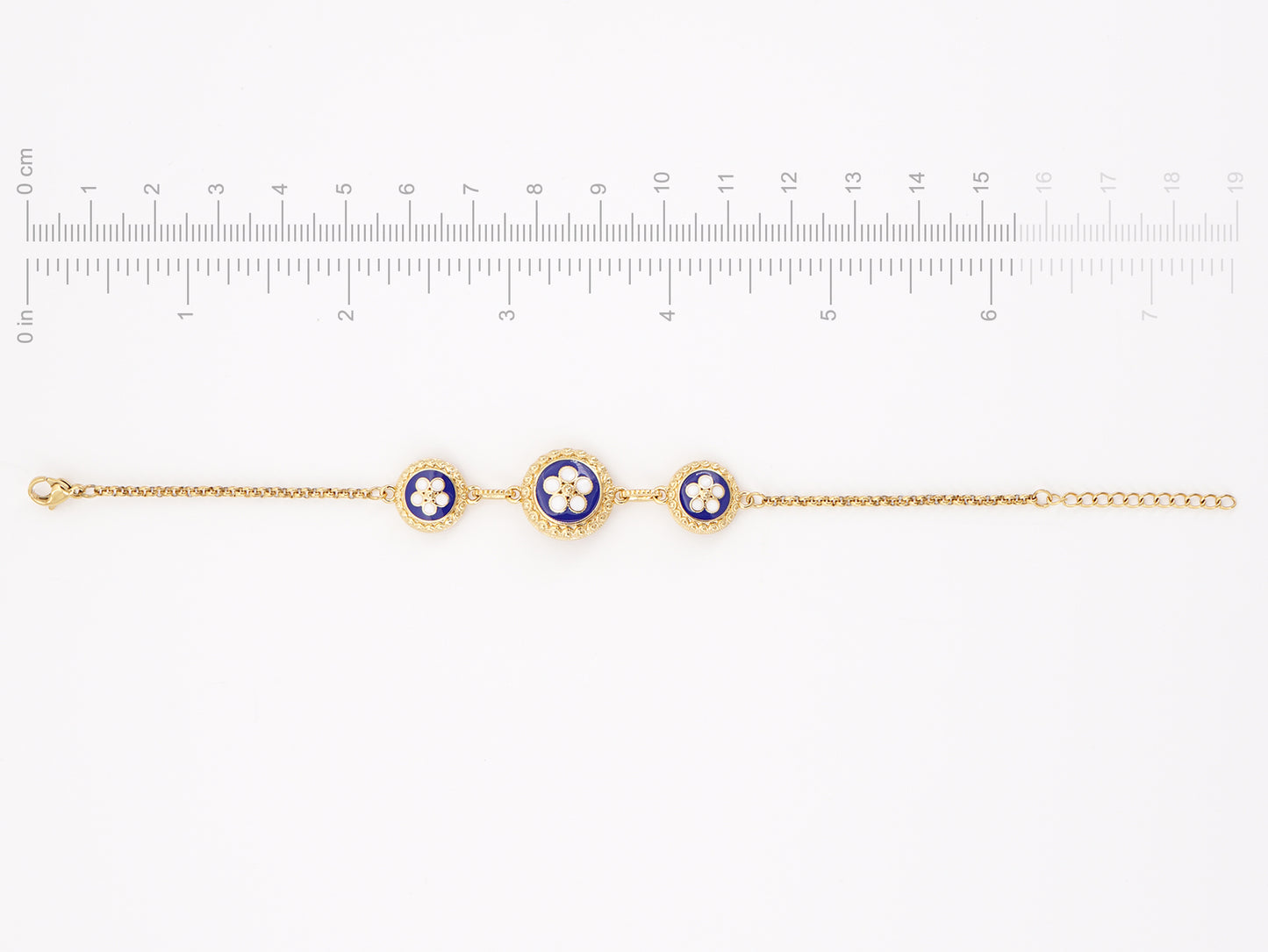 Pulseira Três Caramujos Azuis, Inspirado na Filigrana Portuguesa, Aço Inoxidável Dourado - Medidas